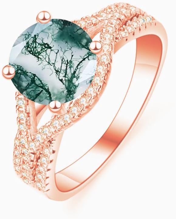 Aihpos Natural Moss Agate Rings for Women 925 Sterling Silver 10K 14K 18K Solid Gold Twisted Moss Agate Engagement Rings with Moissanite