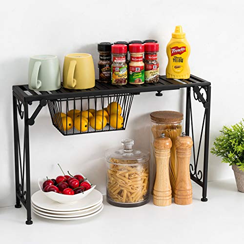 Mygift Black Metal Over The Sink Organizer Shelf With Pull Out Drawer, Expandable Kitchen Caddy Rack, Bathroom Storage Shelf Riser With Scrollwork Design #TOP2