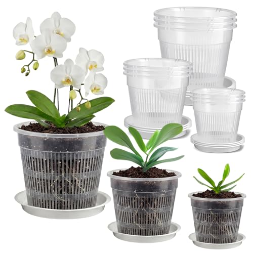 Eulihent 9 Stück Orchideentopf Transparent Orchideentopf Plastik mit Ablauflöchern und Tabletts Atmungsaktiv Durchsichtige Blumentöpfe für Orchidee Sämlinge Sukkulenten Topfpflanzen (11/14/16cm)