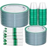 I00000 350 Pcs Green Plastic Plates-Clear Dinnerware Set for St. Patrick's Day Spring Decor,Include 100 Dinner and Dessert Plates,50 Plastic Cups 9 OZ,50 Per Rolled Napkins with Cutlery