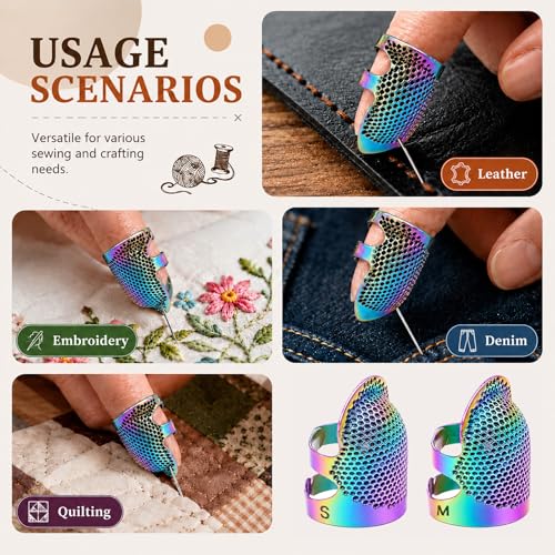 Image of Thimbles for Hand Sewing, Sewing Thimble Kit, Metal Finger Protectors, Thimble Ring for Hand Quilting and Embroidery(Colorful,2Pcs,Small /Medium)