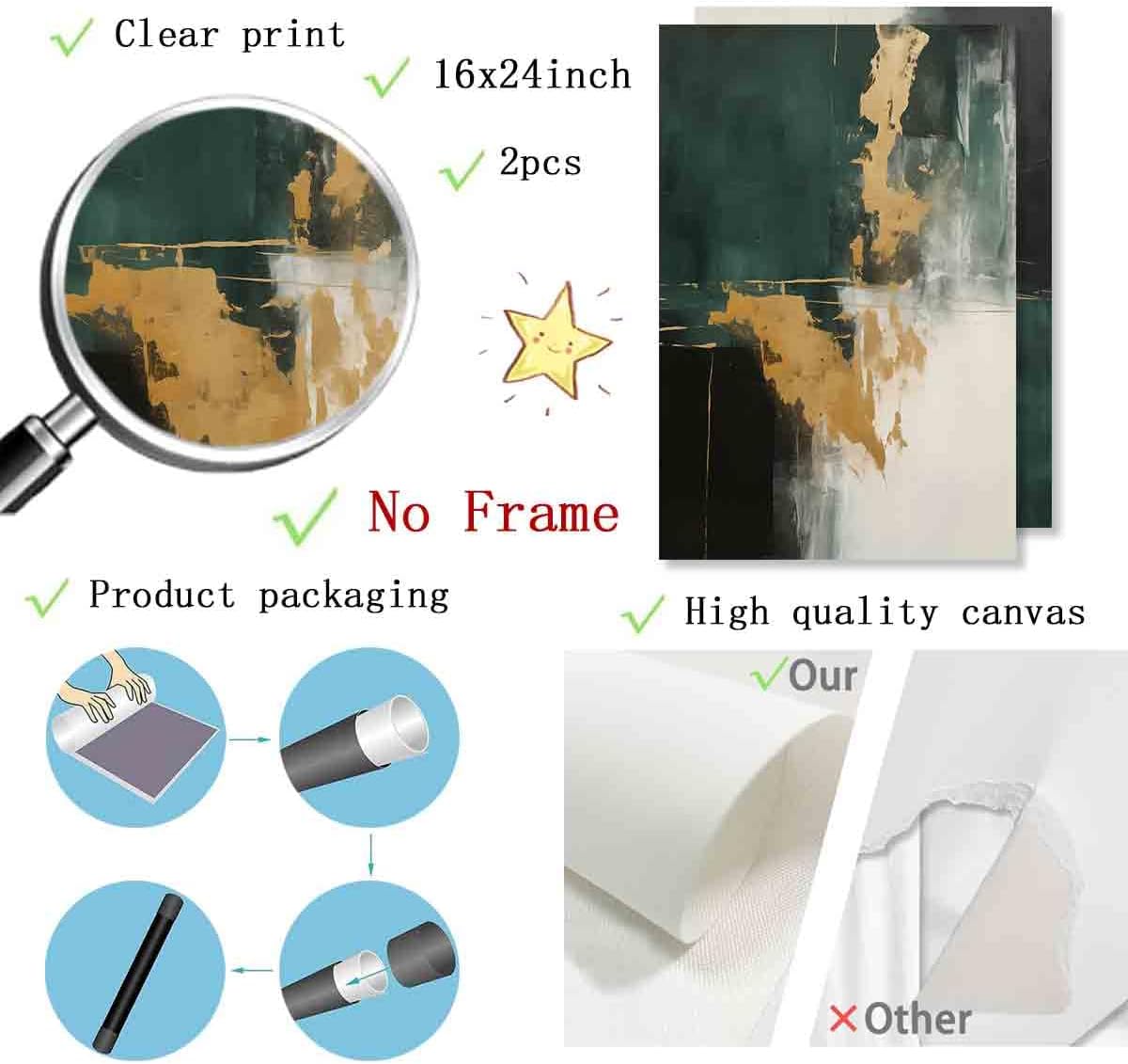 Green And Gold Abstract Wall Art Dark Green And Black Abstract Canvas Wall Art Emerald Green Pictures Gold Foil Artwork Black Gold Green Painting Modern Abstract Room Decor 16x24inx2pcs No Frame - Image 3