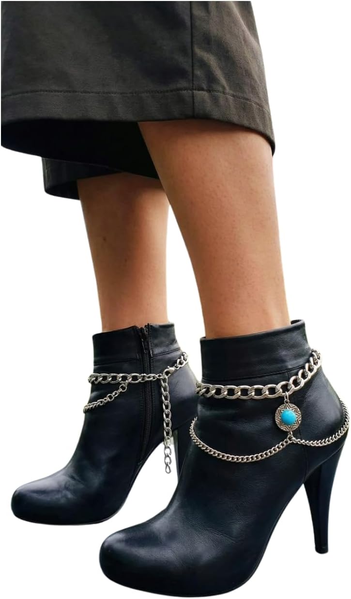 TrendyFashionJewelry Women Boot Bracelet Chain Metal Wave Ethnic Turqioise Coin Fashion Anklet Shoe Charm SET BC131