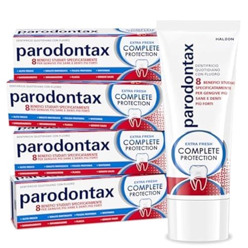 Parodontax Complete Protection Extra Fresh, Dentifricio Quotidiano con Fluoro, 8 benefici studiati specificatamente per Gengive più Sane e Denti più Forti, Pacco da 4x75 ml​