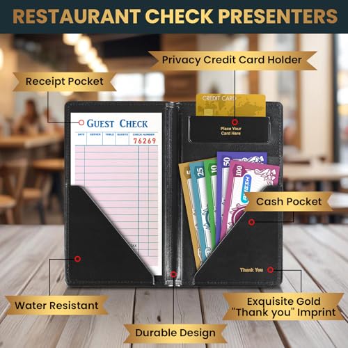 AMGSH Leather Restaurant Check Presenters, 9\" x 5\" Check Presenters Guest Check Card Holder with Gold Thank You Imprint for Restaurants Eatery Bar Cafe (Black, 5 Pack) - Thumbnail 5