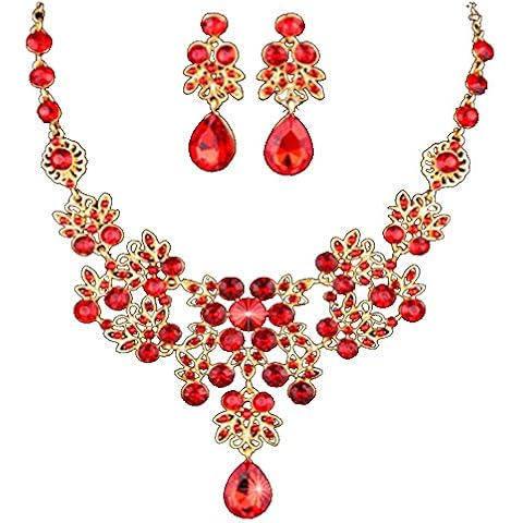 Dxhycc Silver Red Alloy Rhinestone Earrings Crystal Pendant Necklace Bridal Jewelry Set Cover