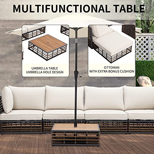Essential Lounger 6 Pieces Sectional Outdoor Patio Furniture Set, Outdoor Modern Rattan Conversation Set With Olefin Cushions And Coffee Table, Wicker Sofa With Umbrella Hole For Garden, Poolside #TOP2