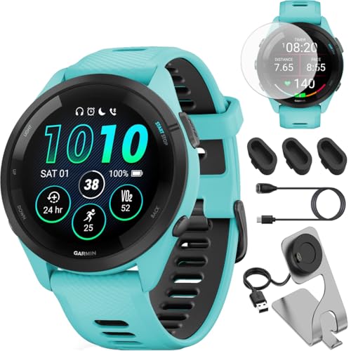 Garmin Forerunner 265 Running GPS Smartwatch, pantalla AMOLED, 46 mm, aguamarina/negro, 010 02810 02   Paquete con base de carga Deco Essentials, cubierta antipolvo y protector de pantalla