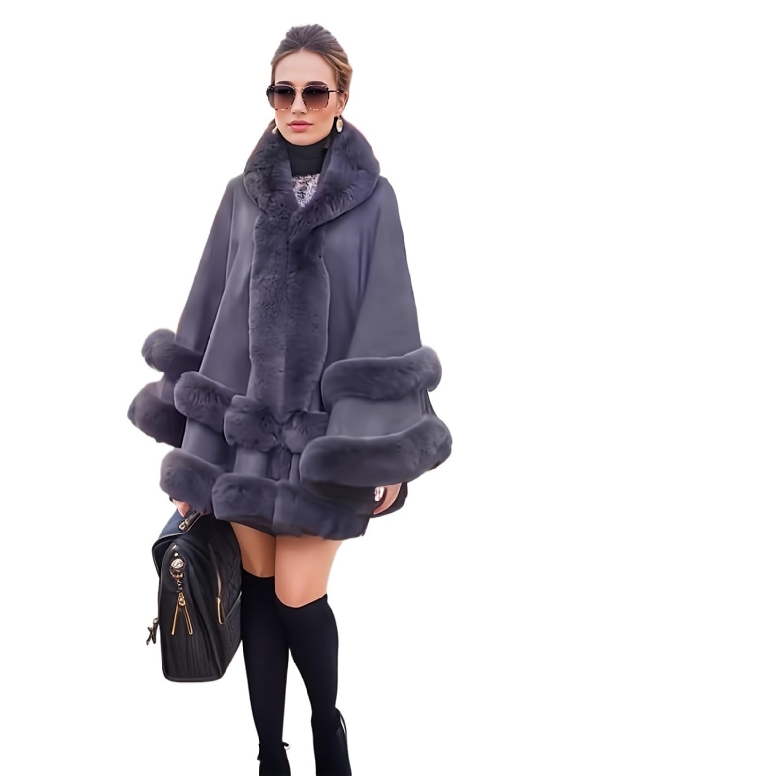 Poncho invernale con bordo in pelliccia, mantello autunnale da donna, scialle, cardigan cappuccio for cene e matrimoni