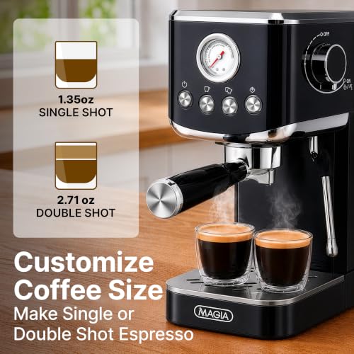 Image of Zulay Kitchen Magia Compact Espresso Machine - 20 Bar Coffee Maker with Milk Frother Steam Wand, Latte & Cappuccino Maker, 1350W Fast Heating, 40oz Removable Water Tank, Stainless Steel - Black