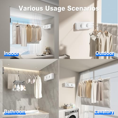 Image of MUSTORN Retractable Clothesline Indoor, Non-Sagging Twin Clothes Line Retracting Outdoor Heavy Duty Clothes Drying Laundry Line Wall Mounted Stainless Steel Double Line-13.8 ft(White)