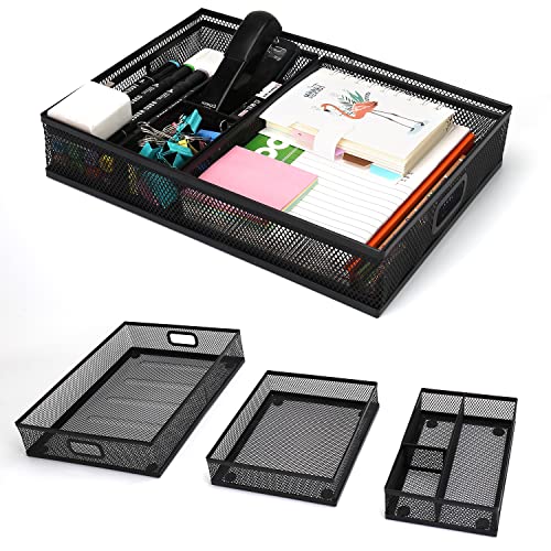 Desk Drawer Organizer, Black Metal Mesh Drawer Organizer Tray 3 Compartment, 3 in 1 Desk Organizer Storage Basket,Multi-use Large Storage Organizer Tray Set for Office School Home Supplies,3 Pack