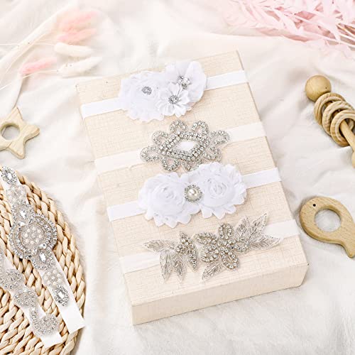 6 Pcs White Baptism Headband for Baby Girls Toddlers Elastic White Baby Headbands Chiffon Flower Crystal Lace Floral Christening Hairband Gifts for Birthday Baby Shower Party4