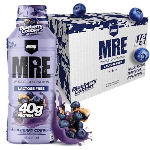Image of REDCON1 MRE Ready to Drink Protein Shake, Blueberry Cobbler - Lactose Free RTD 40gr Protein Made with Real Whole Food Protein Blends - Easy to Digest Nutritional Shake (12 Pack)