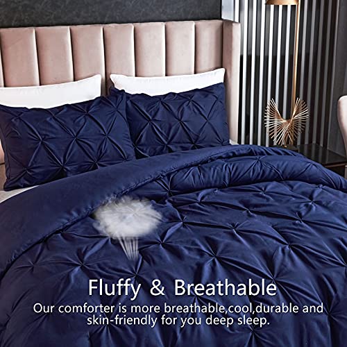 Aikasy Pinch Pleated Navy Comforter Set Queen Size Bed, 3 Piece Pintuck Bedding Sets With 2 Pillowcases - Luxurious Brushed Microfiber - Down Comforter Sets - Soft And Comfortable (Navy,Queen) #TOP3