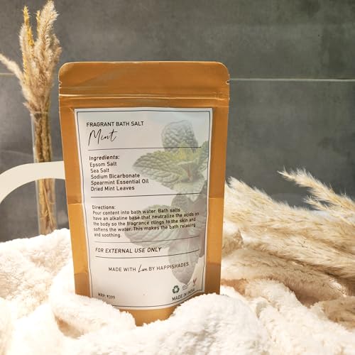 Image of Happishades Bath Salt | For Body & Foot Spa, Calming, Relaxing, Muscle Aches Pain Relief, Aromatherapy | Pure & Natural Epsom, Sea Salt & Essential Oils - 200 grams (Mint)