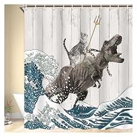 Tenda Doccia Divertente Gatto Che Cavalca Dinosauro – Stile Hokusai Luna Rossa, 175x178 Cm, Poliestere Impermeabile, Con 12 Ganci