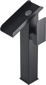 Waterfall Vessel Sink Faucet Bathroom Black Single Hole One Handle Brass Bowl Sink Faucets with Supply Line Deck Mounted Tall Lavatory Vanity Basin Tap Pedestal Commercial
