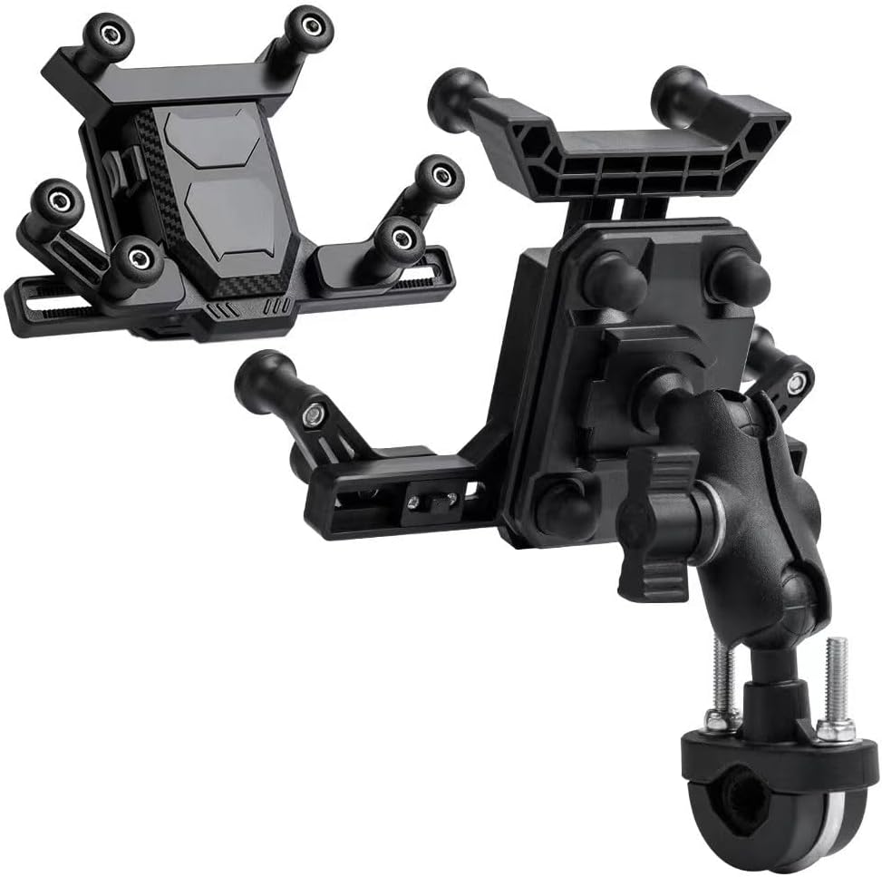 Motorcycle Phone Holder with Vibration Dampener, Universal Fit for 4.7"-7.2" Cell Phones, Anti-Vibration Design, One-Hand Operation, 360 Rotation, Black Handlebar Mount