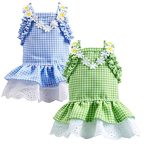 DOGGYZSTYLE 2 Pieces Dog Dresses for Small Dogs Girl Female Cute Plaid Dog Sundresses Puppy Cat Skirt Doggie Birthday Party Princess Dresses Pet Summer Clothes Apparel Costumes (Blue+Green,XL)