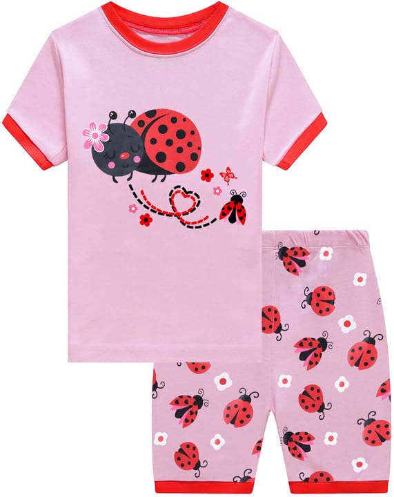 CM-Kid Pyjamas Set Mädchen Kurzarm Schlafanzug Kinder Baumwolle Sommer Nachtwäsche 6 7 Jahre Marienkäfer Rosa Gr.122