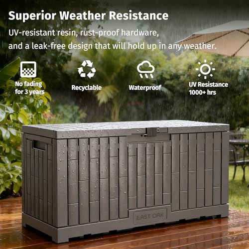 Image of EAST OAK 120 Gallon Outdoor Storage Box | Large Resin Deck Box with Reinforced Stainless Steel Support | Waterproof & UV-Resistant Patio Storage Box for Cushions, Garden Tools & Accessories, Grey