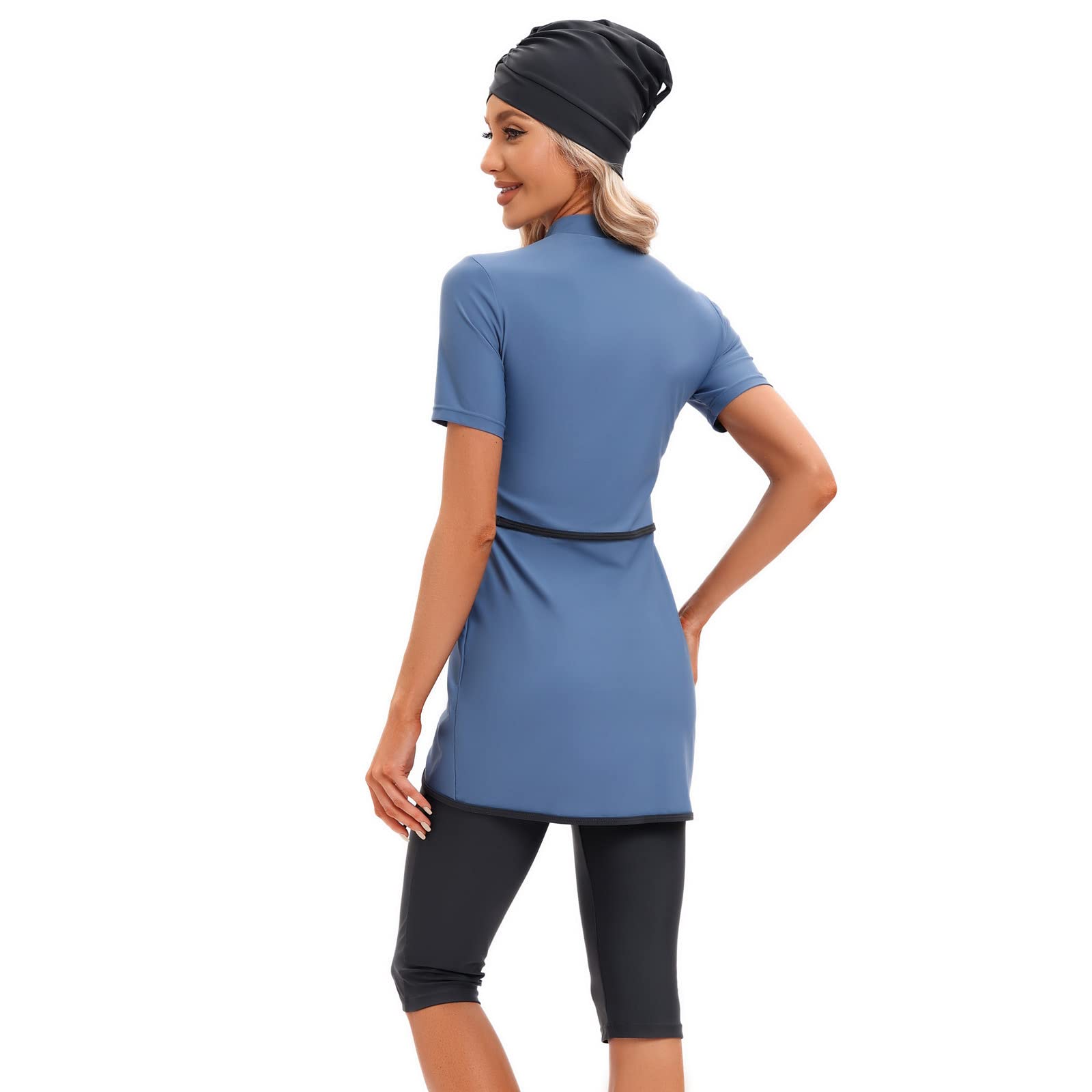 AWIBMK Womens Muslim Swimsuits Short Sleeve Printed Top Swim Pants with Chest Pads Full Coverage Swimwear Modest Islamic Hijab Ladies Beachwear Swimming Burkini Bathing Suit 3PCS Grey Blue Small