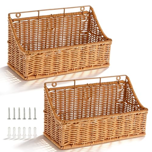 OwnMy 2PCS Plastic Wicker Hanging Basket Wall Mount Storage Baskets for Kitchen Organizing Fruit, Onion, Potato, Vegetable, Hanging Fruit Baskets for Kitchen Counter/Pantry/Cabinet