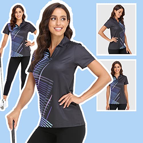 Igeekwell Womens Golf Shirt Collared Pattern Print Short Sleeve Polo Shirts Moisture Wicking V Neck Tennis Sport Tops Fit #TOP4