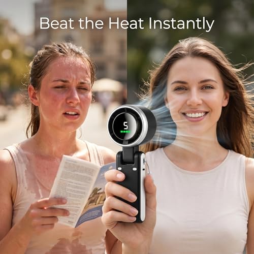 Image of GISMO Portable Handheld Fan with LED Display, 1200mAh USB Rechargeable Mini Fan, 5 Speed Adjustable Turbo Personal Cooling Fan, Foldable Desk Fan for Travel /Office /Outdoor /Home Use - Black