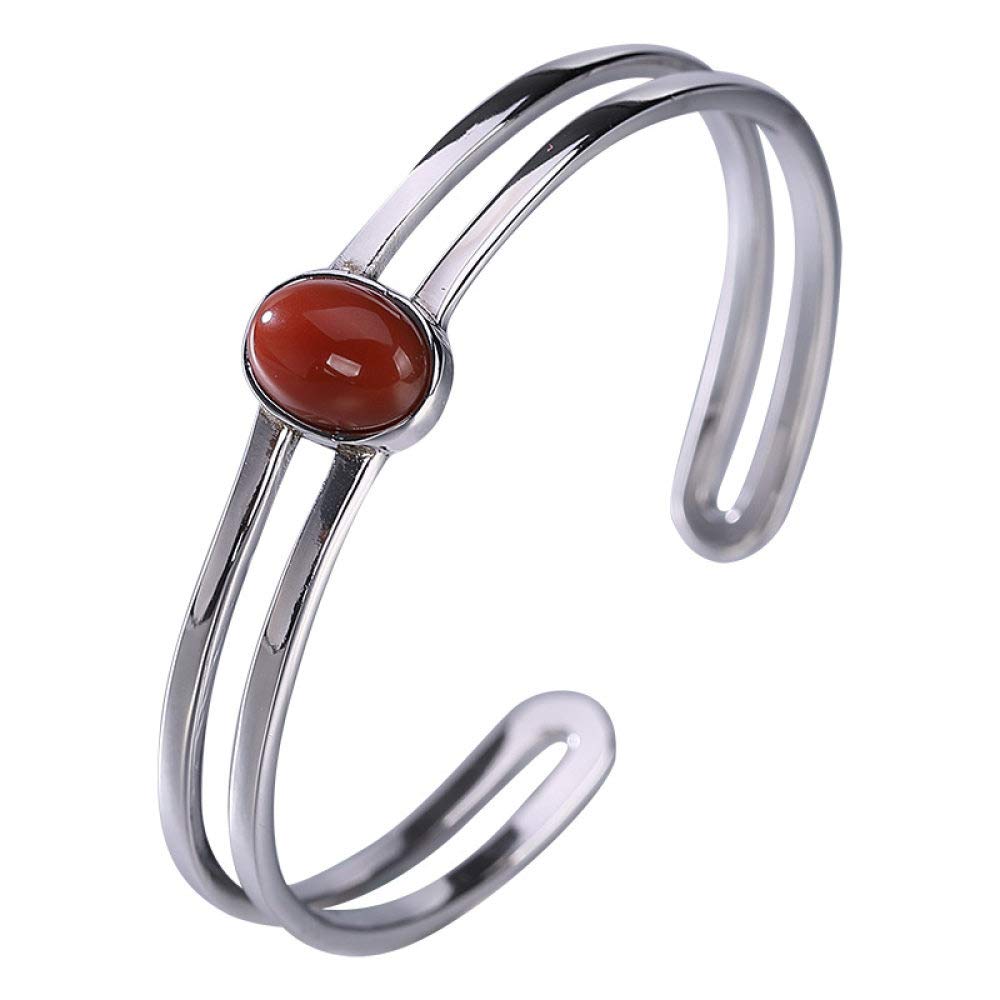 S925 Vintage Pulsera De Plata para Mujeres Hombres Oval con Incrustaciones De Ágata Roja Apertura Simple Y Sencillo Estilo Chino Personalidad Creativa Encanto Hermoso Regalo