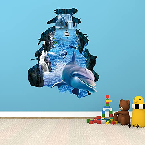 3D Broken Blue Dolphin Ocean World Wall Stickers, Dilibra Lifelike Ice Age And Under The Sea Tropical Fish Wall Decal, Peel And Stick Underwater Wall Decor For Floor Kids Boys Bedroom #TOP2