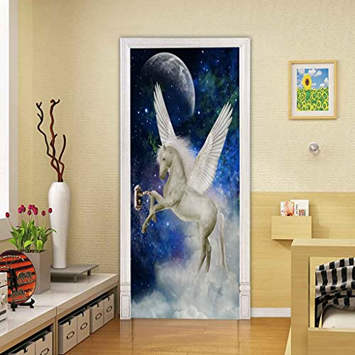 CUUDBP 3D Türaufkleber Selbstklebendes Türposter - Tier Engel Pferd Muster 88X200Cm- Fototapete Türfolie Poster Tapete - Pvc Abnehmbar Türposter Türtapete Wandbild Für Wohnzimmer Büro Cover