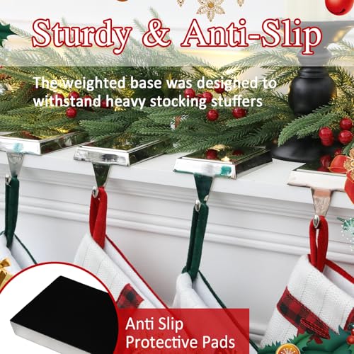 SINTENILL Christmas Stocking Holders for Mantle Set of 4, Heavy Weighted Metal Stocking Holders Hangers Low Profile Stocking Hooks Bases for Fireplace Table Xmas Holiday Party Decoration, Silver by SINTENILL - Image 2