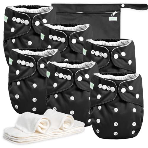 Image of wegreeco Cloth Diapers 6 Pack with 6 Inserts & 1 Wet Bag, Washable Cloth Diapers for Babies, One Size Adjustable Reusable (Black)