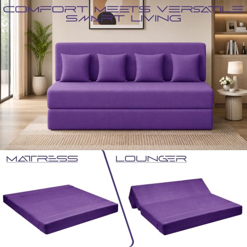Image of Los Angeles Foldable Four Seater Sofa Cum Bed, Sofa Bed 6 X 6 Feet Jute Fabric Washable Cover- Including Cushion Perfect for Living Room - Purple Color