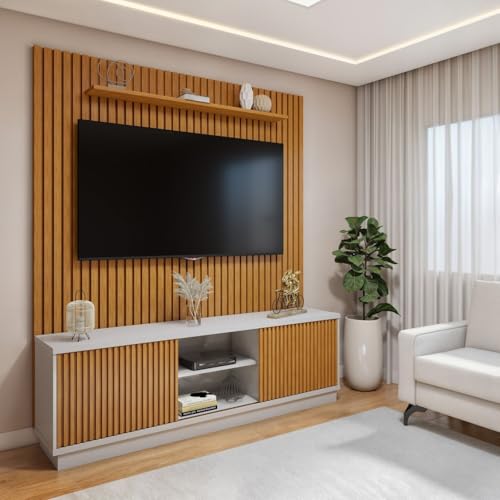 Conjunto Rack Arezzo 180cm com Painel Ripado para Tv de até 75 Polegadas Paris Off White/Naturalle