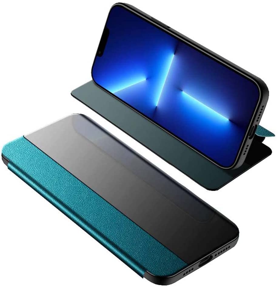 Étui cuir rabat iPhone 13 Pro Max cyan, finition premium antichoc