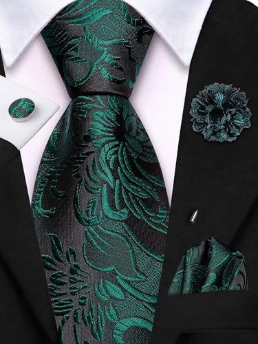 Image of Hi-Tie Dark Green Ties For Men Pretied Silk Adjustable Floral Zipper Necktie Pocket Square Cufflinks Lapel Pin 4pcs Wedding Party Prom