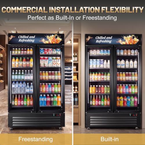 Image of Velivi Commercial Beverage Refrigerator, Double Glass Door Display Cooler, Upright Drink Merchandiser with LED Lighting, Auto Closing Doors
