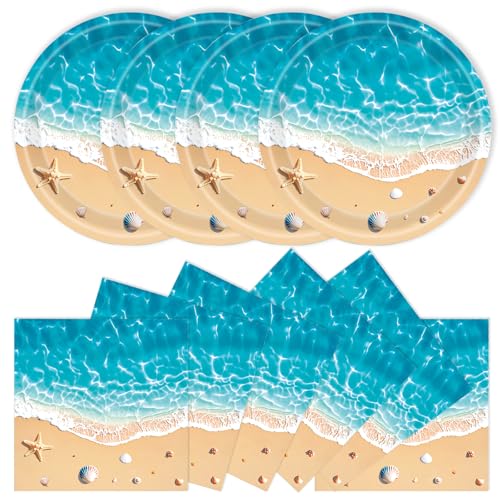 40Pcs Beach Plates and Napkins Party Supplies, Disposable Ocean Waves Birthday Plates Napkins Tableware Set for Hawaiian Ocean Themed Party Decorations (Beach)
