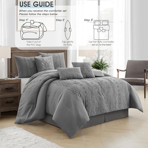 Image of LANCO MODERN LIFESTYLE Grey Comforter Set, Queen Size, 7 Pieces Jacquard Boho Bedding Set for All Seasons, Ultra Soft and Fluffy, Matching Pilllow Shams, Bedskirt and Decor Pillows