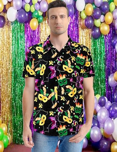 LINOCOUTON Men's Mardi Gras Button Down Short Sleeve Shirts3