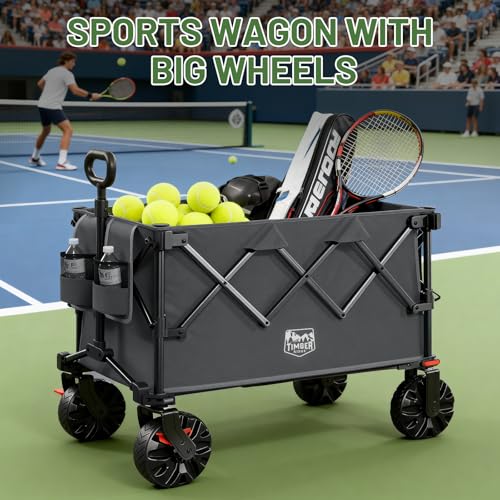 Image of Timber Ridge Outdoor Collapsible Folding Wagon with Brakes and Cup Holders, 500lbs Heavy Duty All Terrain Wheels Utility Cart for Shopping Camping Garden Sports, Grey