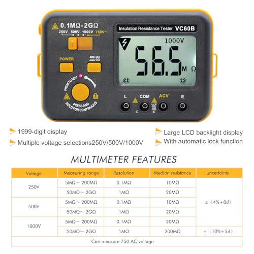Skycenx VC60B Digital Insulation Resistance Tester, Electrical Megaohm Meter With 250V/500V/1000V Test Voltage Testing Insulation Resistance Ir 0.1Mω~2Gω, Multimeter Measure Ac Voltage thumb #2
