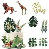 Realistic Safari Jungle Animals Cake Toppers with Plam Leaf Eucalyptus Leaves Cake Decorations for Wild Themed Birthday Baby Shower Party (Oh Baby)