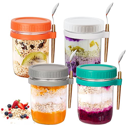 Reusable Overnight Oats Jars with Lid and Spoon Set of 4, 10 oz Large Capacity Airtight Oatmeal Container with Measurement Marks, Wide Mouth Mason Jars On The Go Cups for Salads Yogurt Cereal Milk