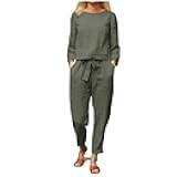 2 Piece Sets for Women Fall Boat Neck Long Sleeve Shirt Drawstring Breathable Pants Cotton Linen Outfits with Pockets
