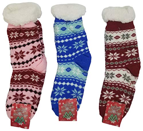 Sherpa Lined Slipper Socks, 3 Pairs For Women, Fluffy Christmas Winter Patterned With Gripper Bottoms, Warm Soft (Fair Isle) #TOP4