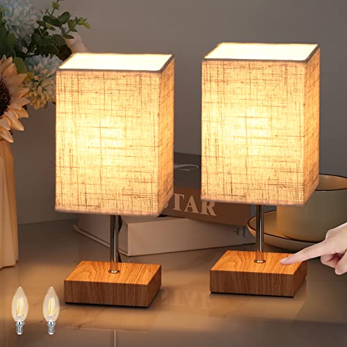 Lightsjoy Lot de 2 lampes de table Vintage Touch Dimmable Lampe de chevet avec interrupteur Blanc Tissu Veilleuse E14 pour chambre à coucher, salon, chambre d'enfant, ampoule en bois blanc chaud Cover